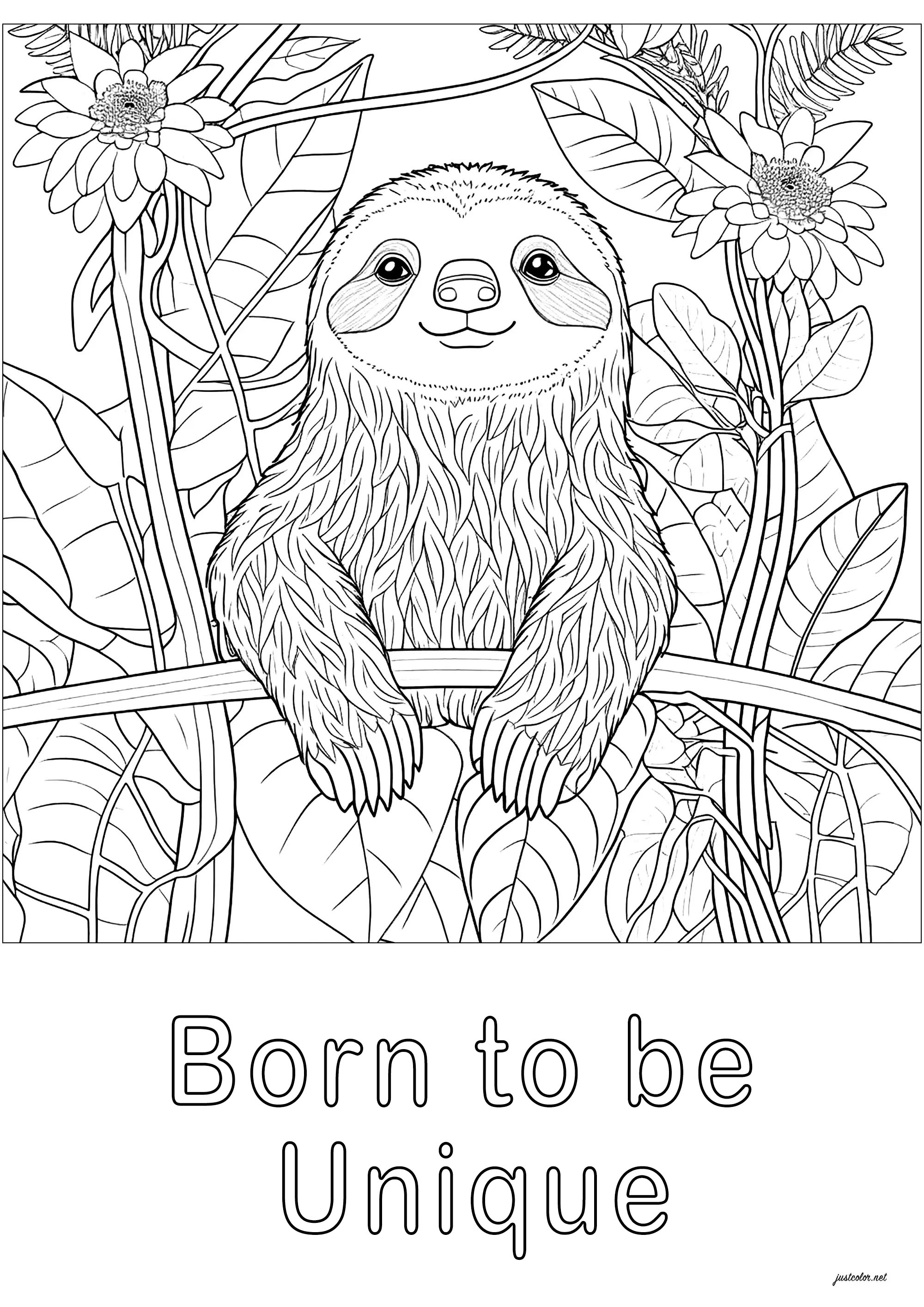 Preguiça com texto "Nascido para ser único (Página de Positive and inspiring quotes para colorir e imprimir para adultos)