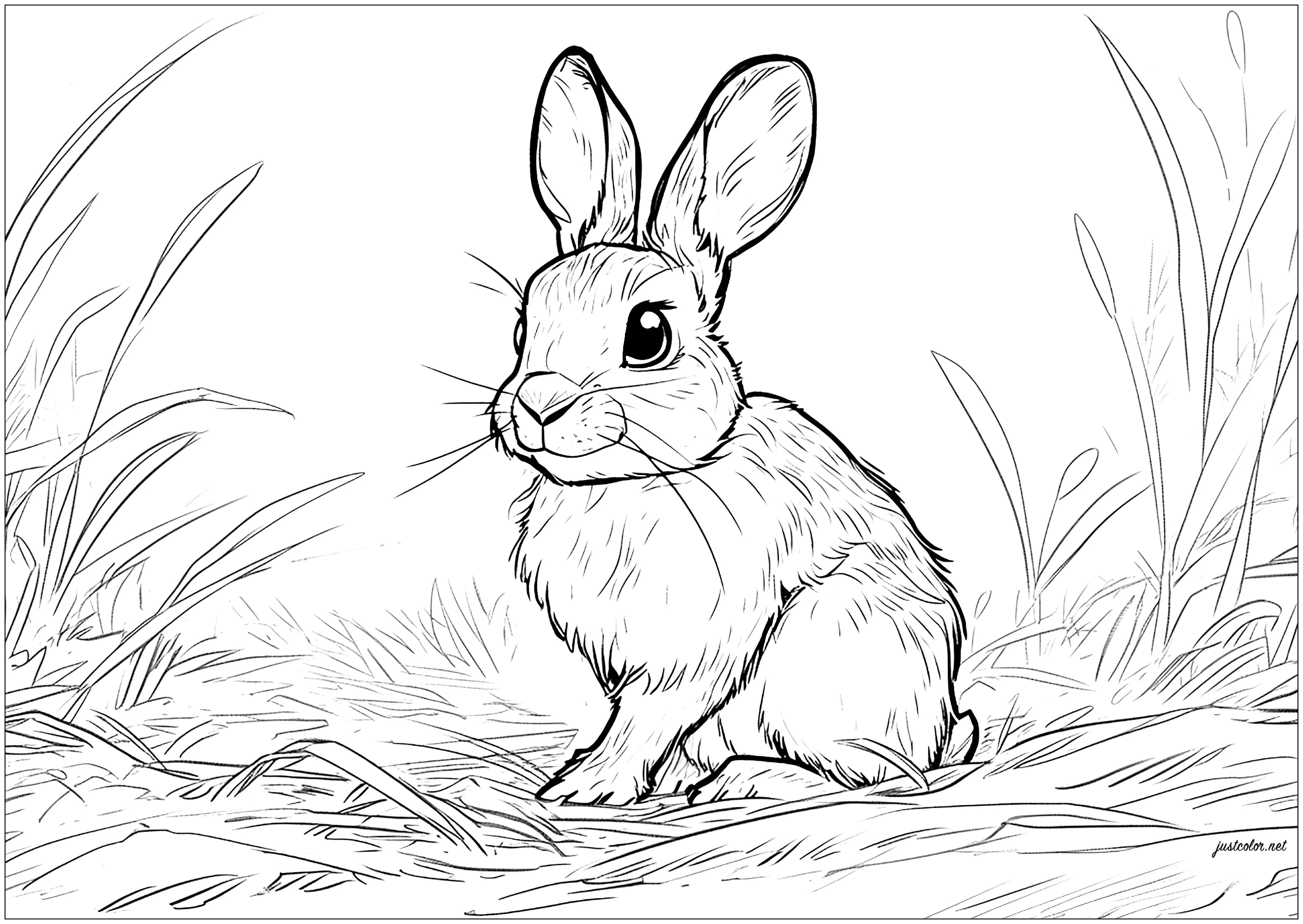 Um coelhinho bonito no meio de uma vegetação simples (Página de Coelhos para colorir e imprimir para adultos)