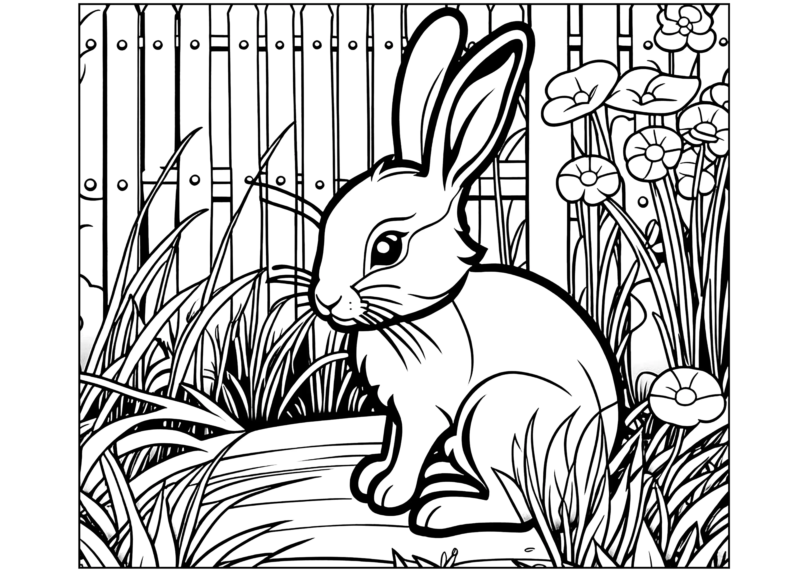 Um coelhinho num jardim, com flores para colorir (Coelhos)