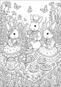 Coelhos tomando chá em um jardim