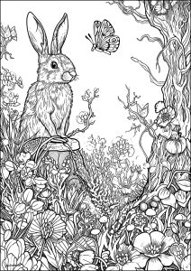 Página de para colorir e imprimir para adultos : O coelho e a borboleta