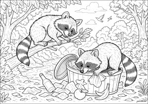 Um duo travesso na floresta (Página de Guaxinim para colorir)