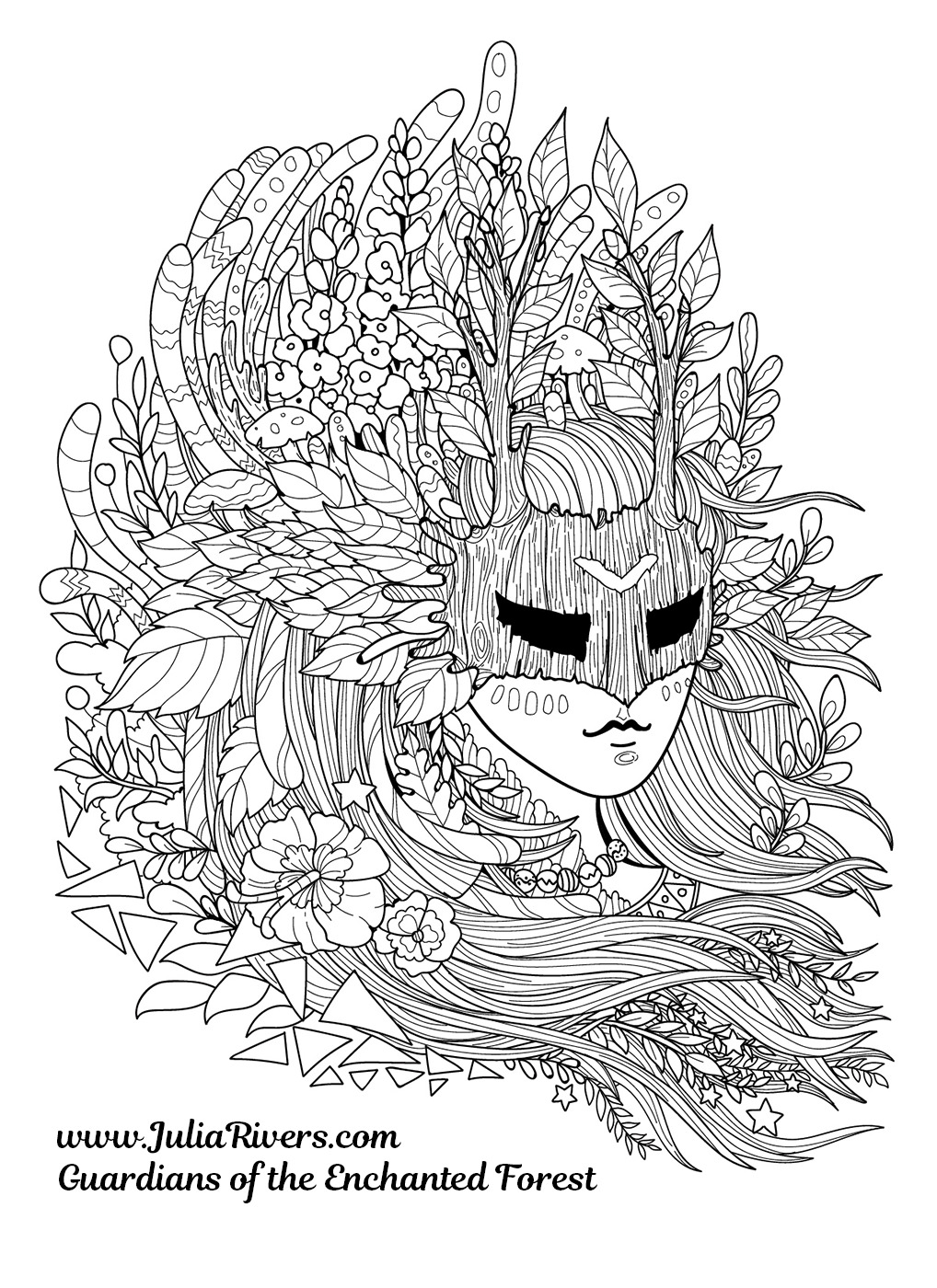 'Guardiões da Floresta Encantada' : Incrível página para colorir de uma criatura mascarada, com o cabelo cheio de flores, folhas, cogumelos .., Artista : Julia Rivers
