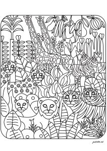 Página de Selva e Floresta para colorir e imprimir para adultos : Vários animais: Leões, tigres, girafas, zebras ...