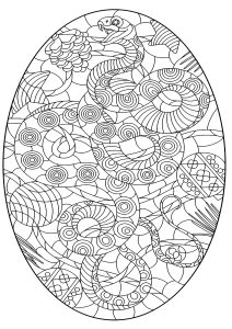 Página de Cobras para colorir e imprimir para adultos : Serpente em forma oval com numerosos motivos