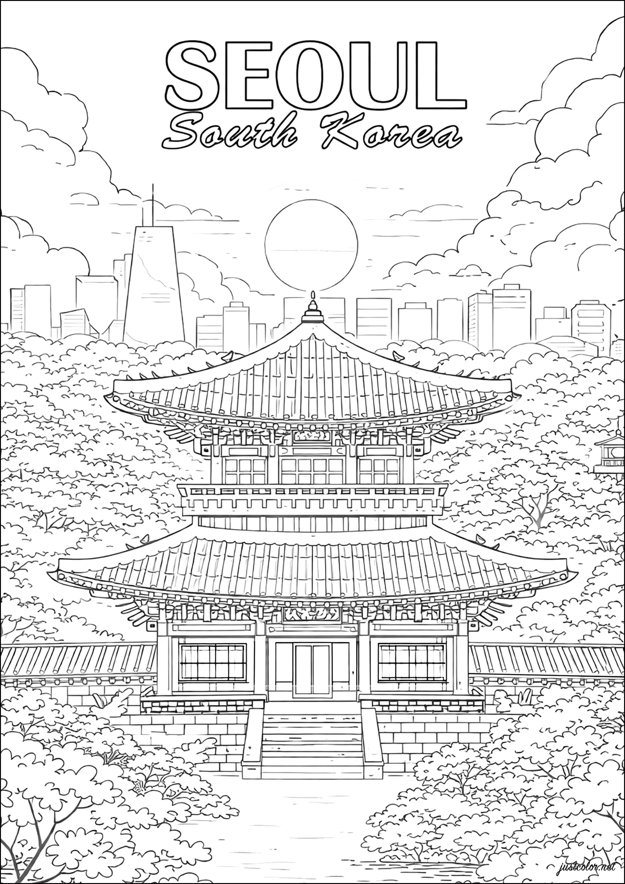 Templo tradicional sob um céu urbano (Página de Coreia do Sul para colorir e imprimir para adultos)