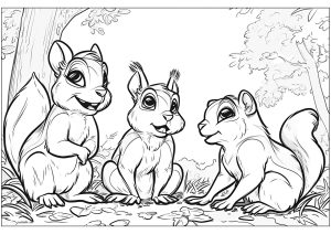 Página de Esquilos e marmotas para colorir e imprimir para adultos : Três esquilos na floresta