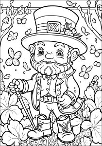 Página de Dia de São Patricio para colorir e imprimir para adultos : O duende rodeado de uma bela vegetação