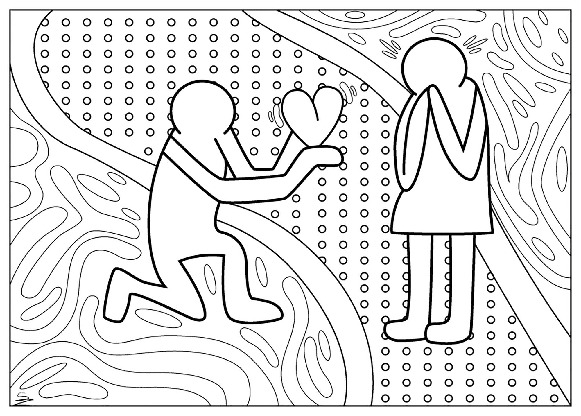 Desenhos para colorir para o Dia dos Namorados inspirados nas obras de Keith Haring. Esta página para colorir para adultos é uma forma original de celebrar o Dia dos Namorados. Inspira-se nas obras de Keith Haring, um artista americano que deixou a sua marca na arte contemporânea dos anos 80.Esta página para colorir é uma mistura hábil de arte abstrata e pop art, que pode sublimar com as suas cores... e talvez oferecer à sua cara-metade!, Artista : Juline
