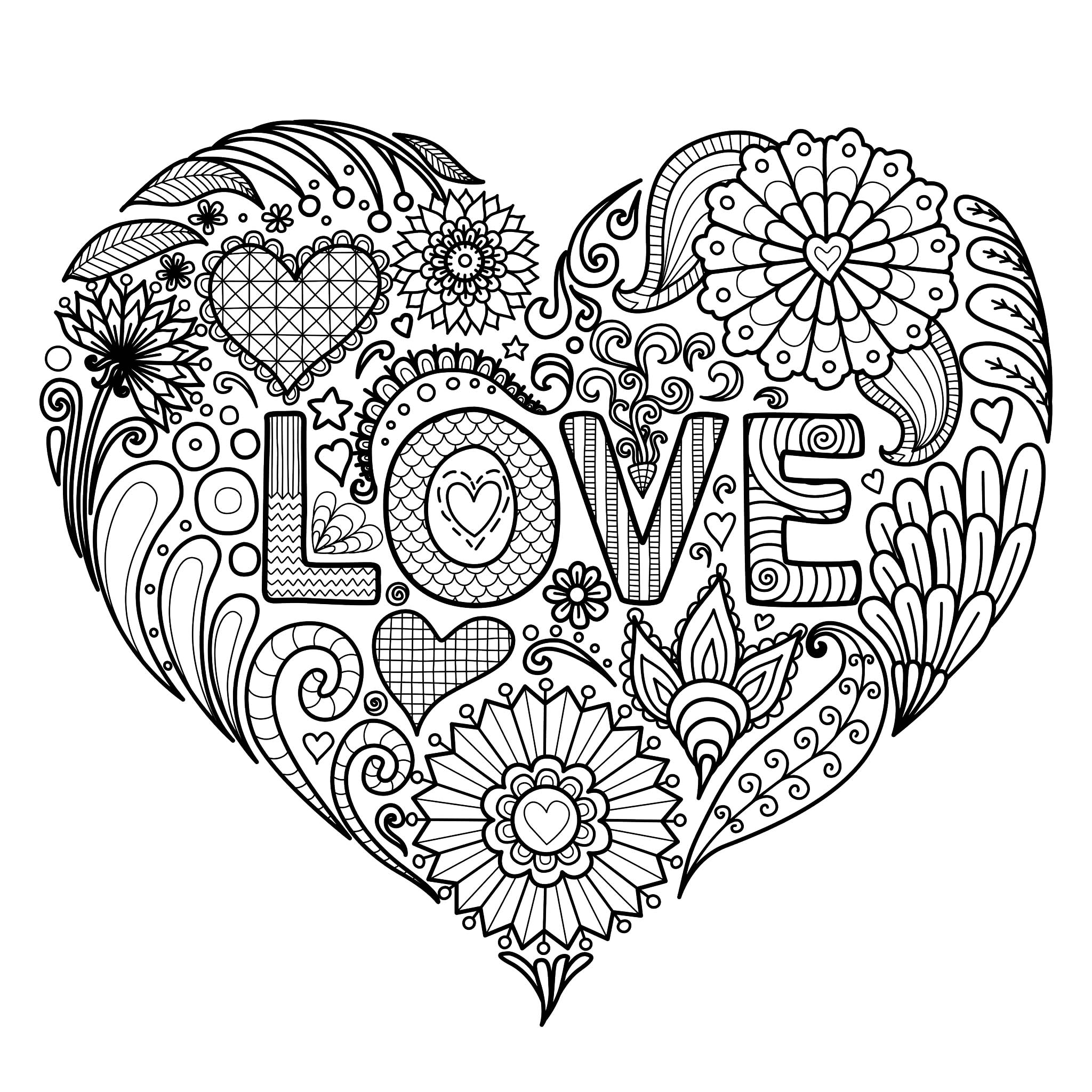 Um bonito coração com flores e o texto 'LOVE' para colorir, Artista : Bimdeedee   Fonte : 123rf