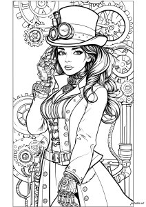 Elegância futurista para uma aventureira (Página de Steampunk para colorir)