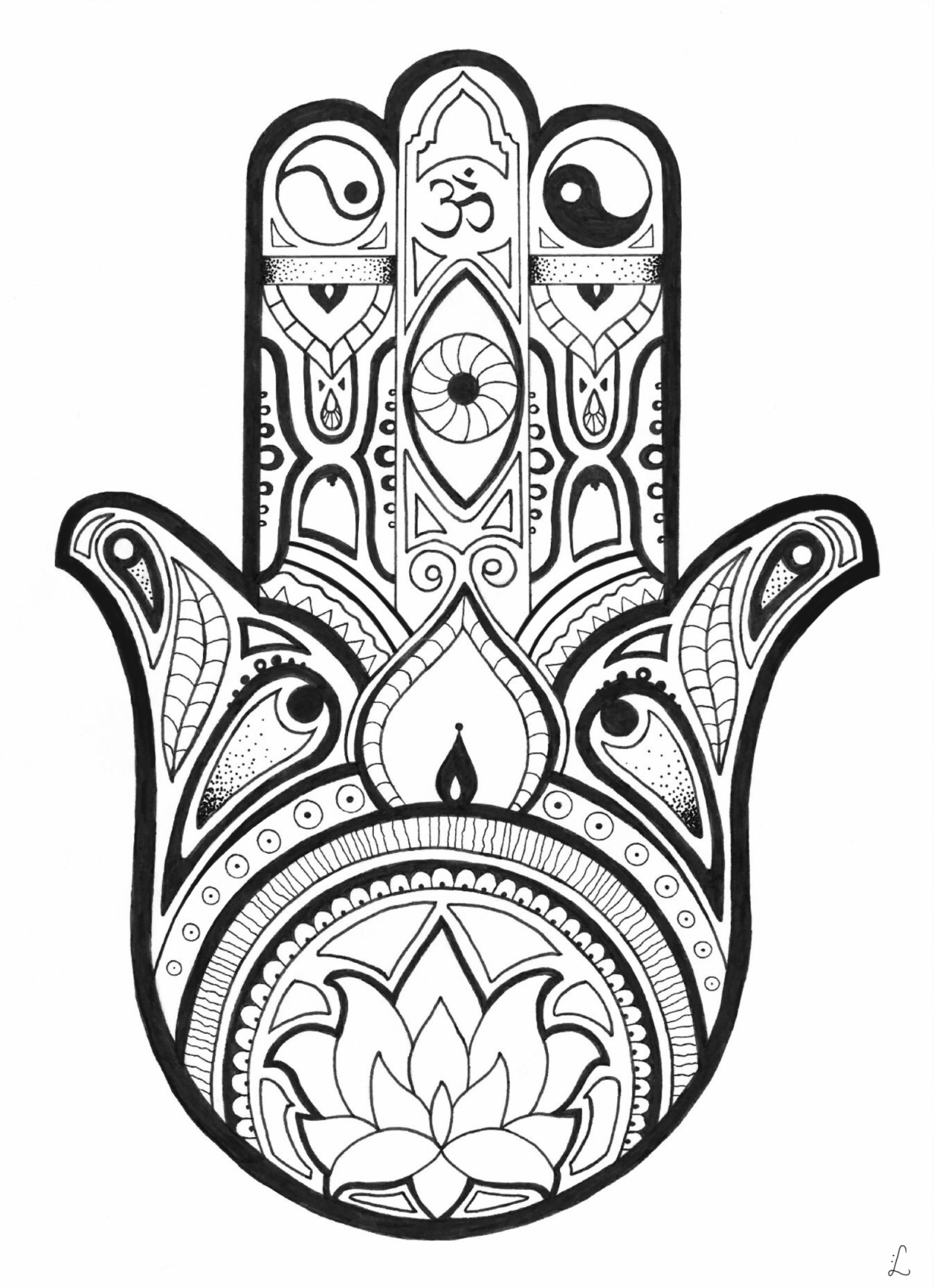 A mão da Fatma com pormenores, um desenho inspirado no estilo Zentangle