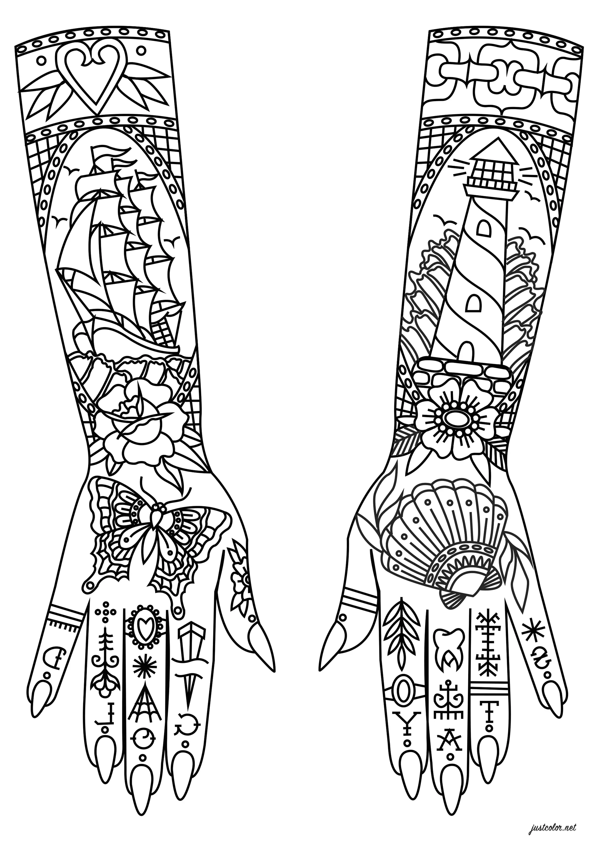 Tatuagens de tema marinho nos braços (Página de Tatoos para colorir e imprimir para adultos)