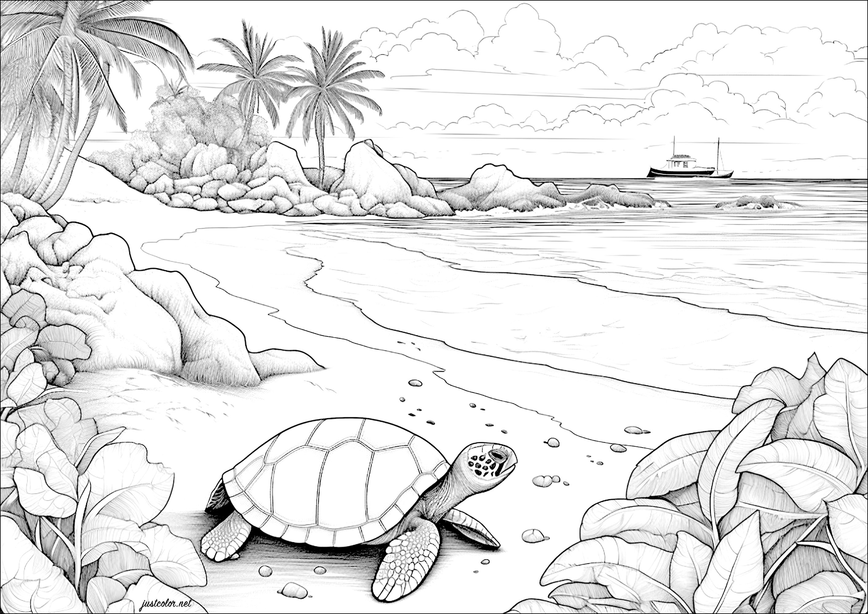 Tartaruga numa praia com um barco à distância. Gostaria de viajar para esta ilha paradisíaca?