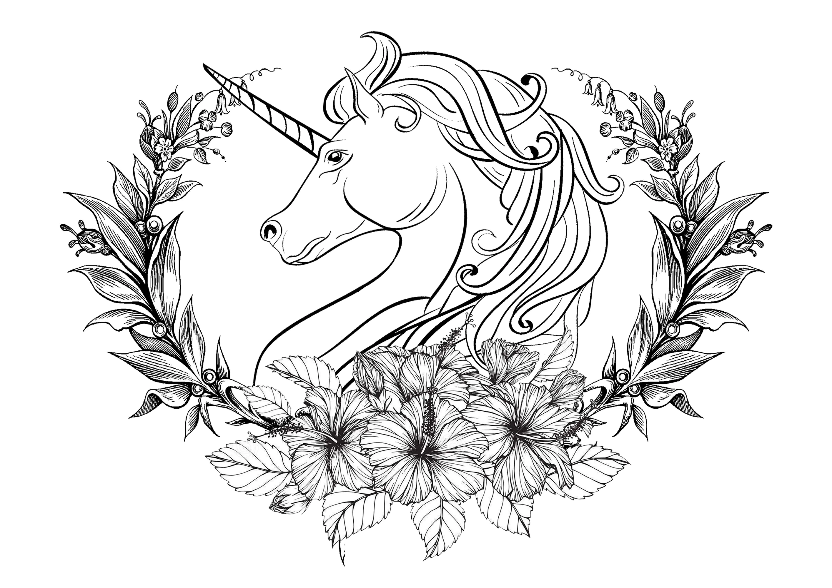 Coroa de flores de unicórnio e louro (Página para colorir e imprimir para adultos)