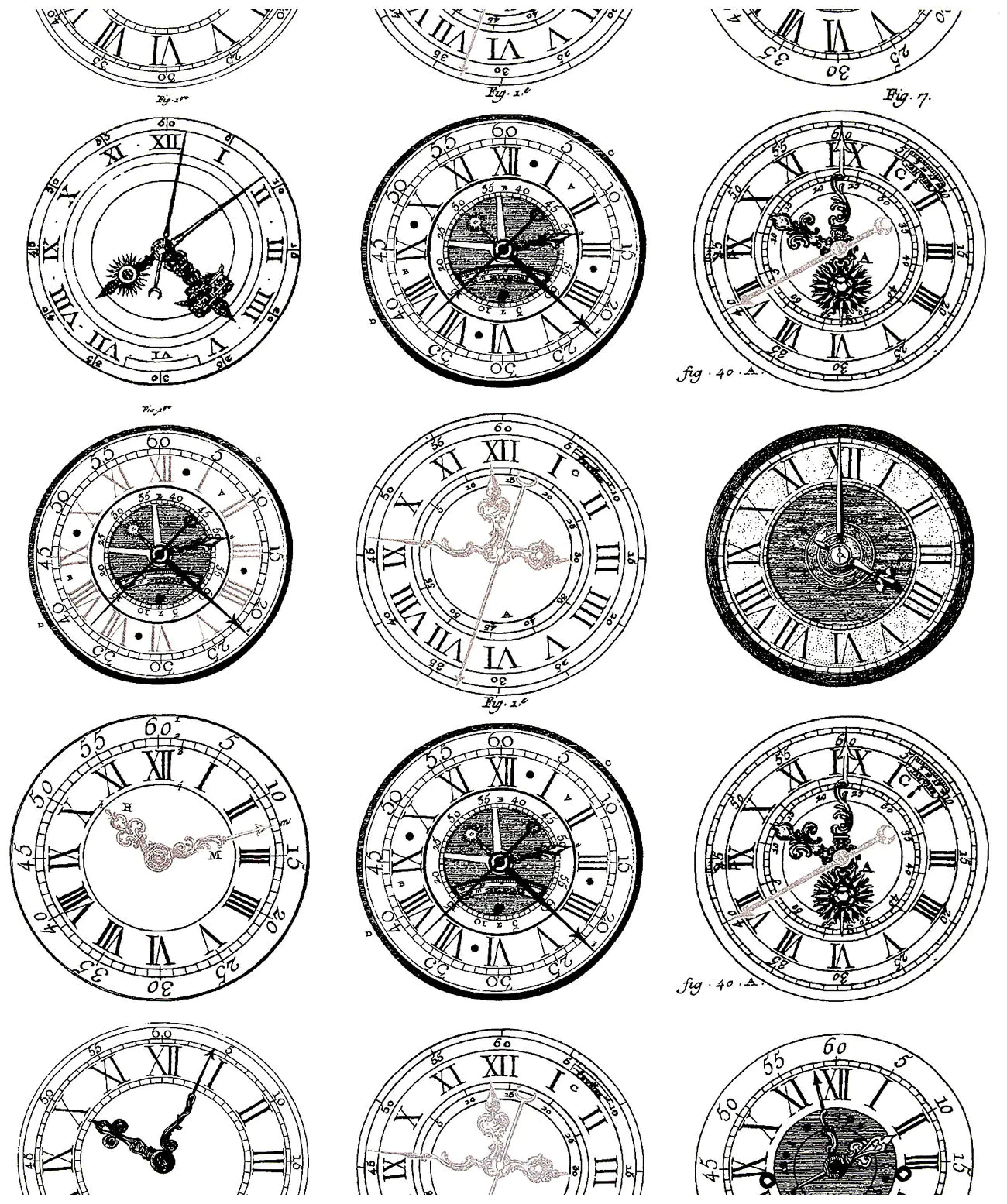 Gravura de relógios antigos, muito diversos nos seus estilos (Página Vintage para colorir e imprimir para adultos)