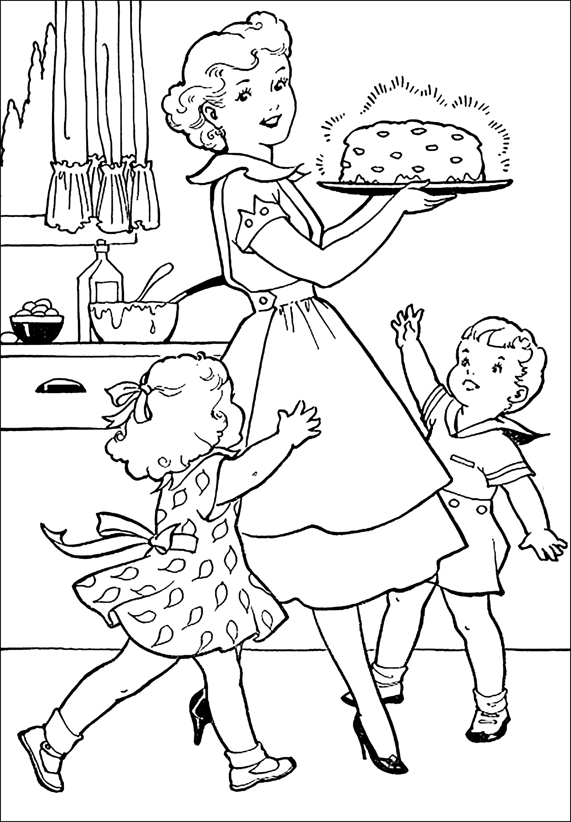 Coloração ao estilo dos anos 50 de uma mãe a preparar um bolo para o seu filho e filha