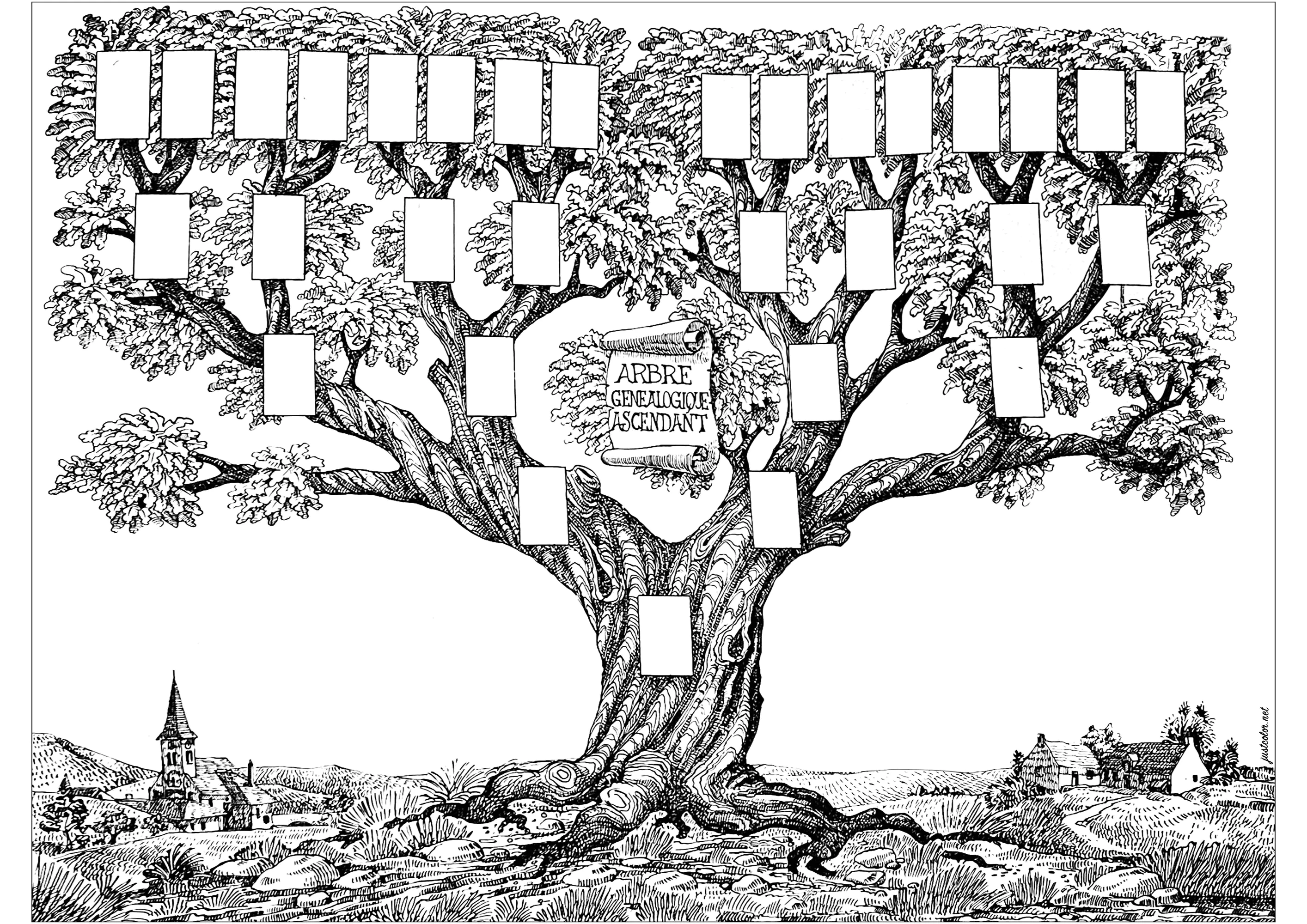 Ilustração antiga representando uma árvore genealógica (Página Vintage para colorir e imprimir para adultos)