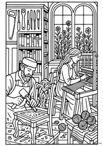 Oficina criativa de marcenaria (Página Vintage para colorir)