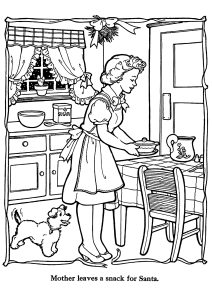 Desenho para colorir vintage que mostra uma mãe a preparar uma pequena refeição para o Pai Natal.