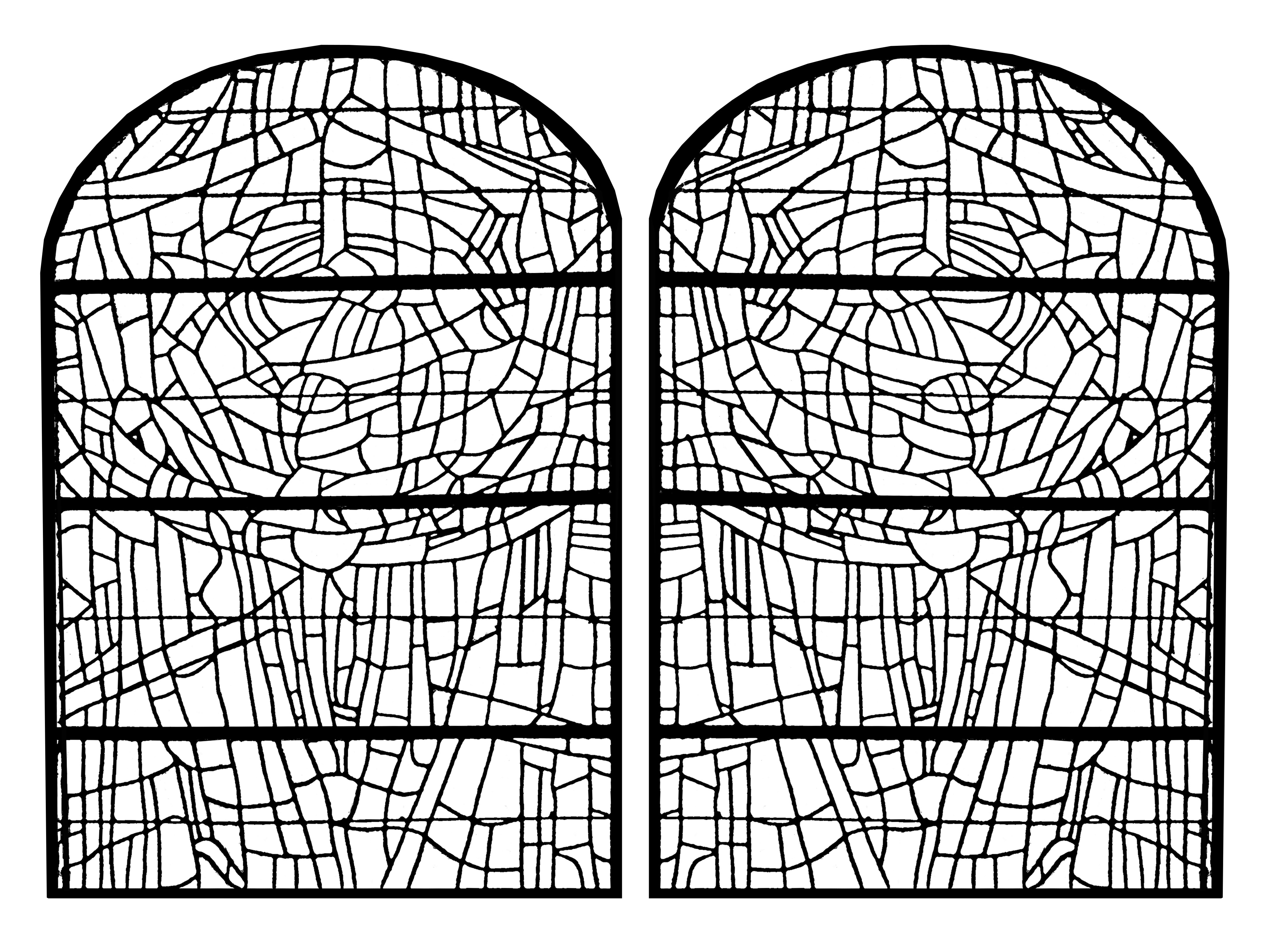 Página para colorir feita a partir de um vitral moderno da Igreja de Saint Servant sur Oust (França) - versão 2 Página para colorir feita a partir de um vitral moderno da Igreja de Saint Servant sur Oust (França) - versão 2