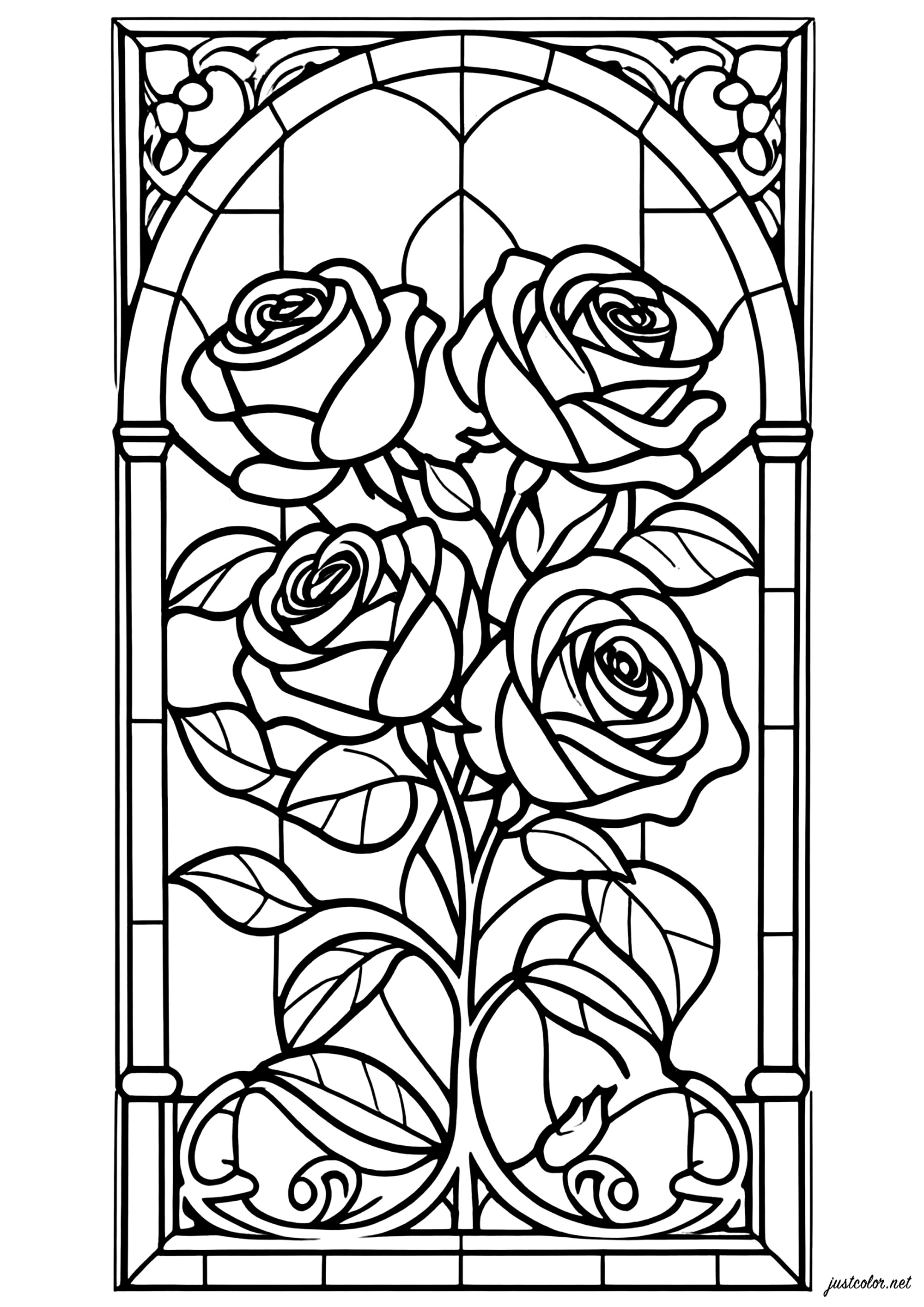 Vitral com rosas elegantes - Páginas de Vitral para colorir