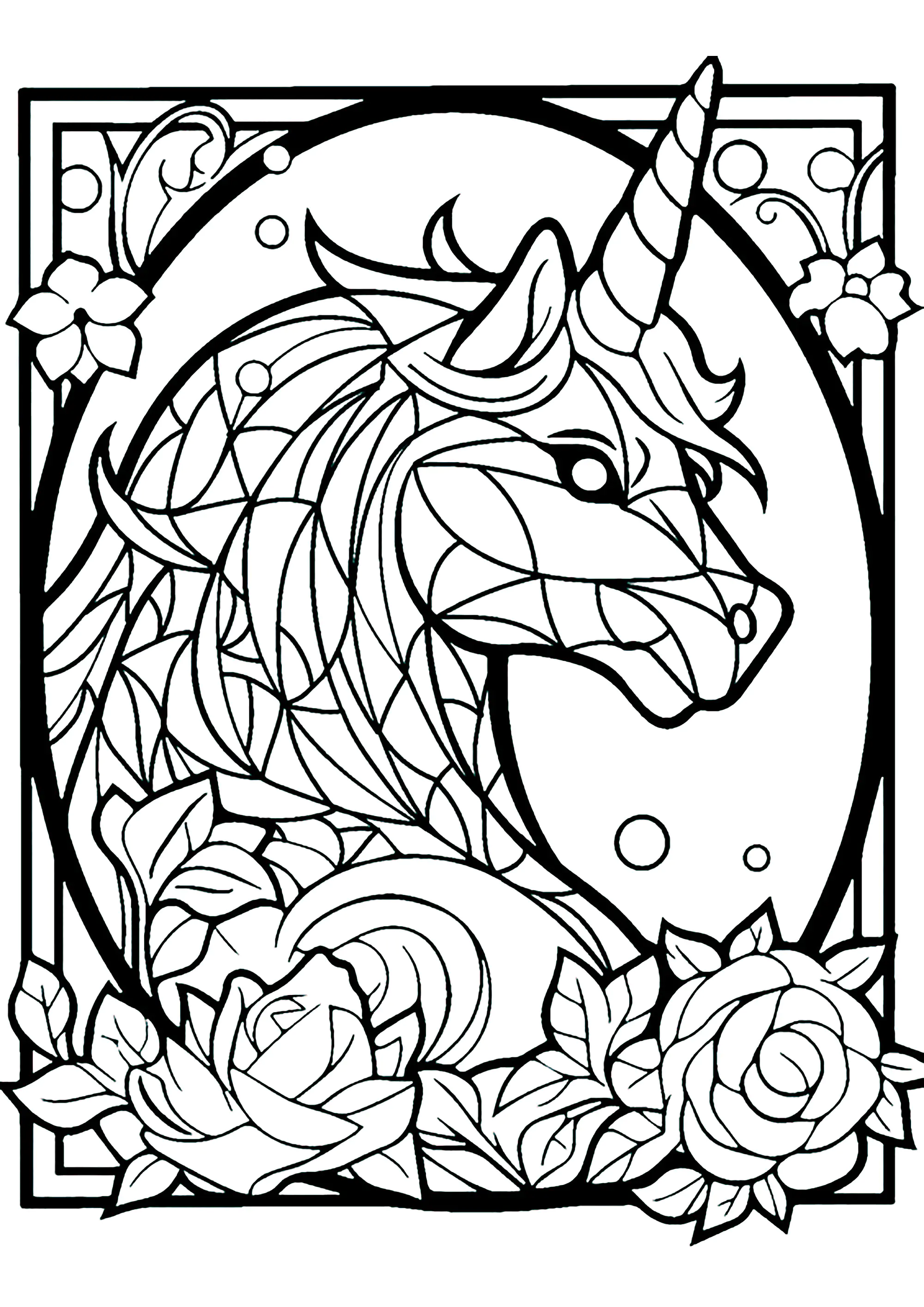 Vitral imaginário com unicórnio de perfil e bonitas flores (Página para colorir e imprimir para adultos)