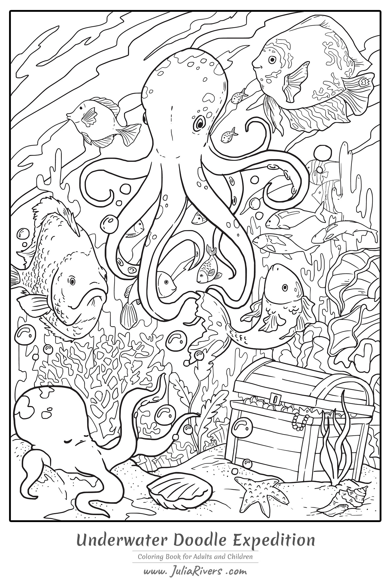 'Expedição subaquática Doodle' : Magnífica página para colorir representando um polvo gigante no fundo do mar, com peixes, corais e um tesouro misterioso