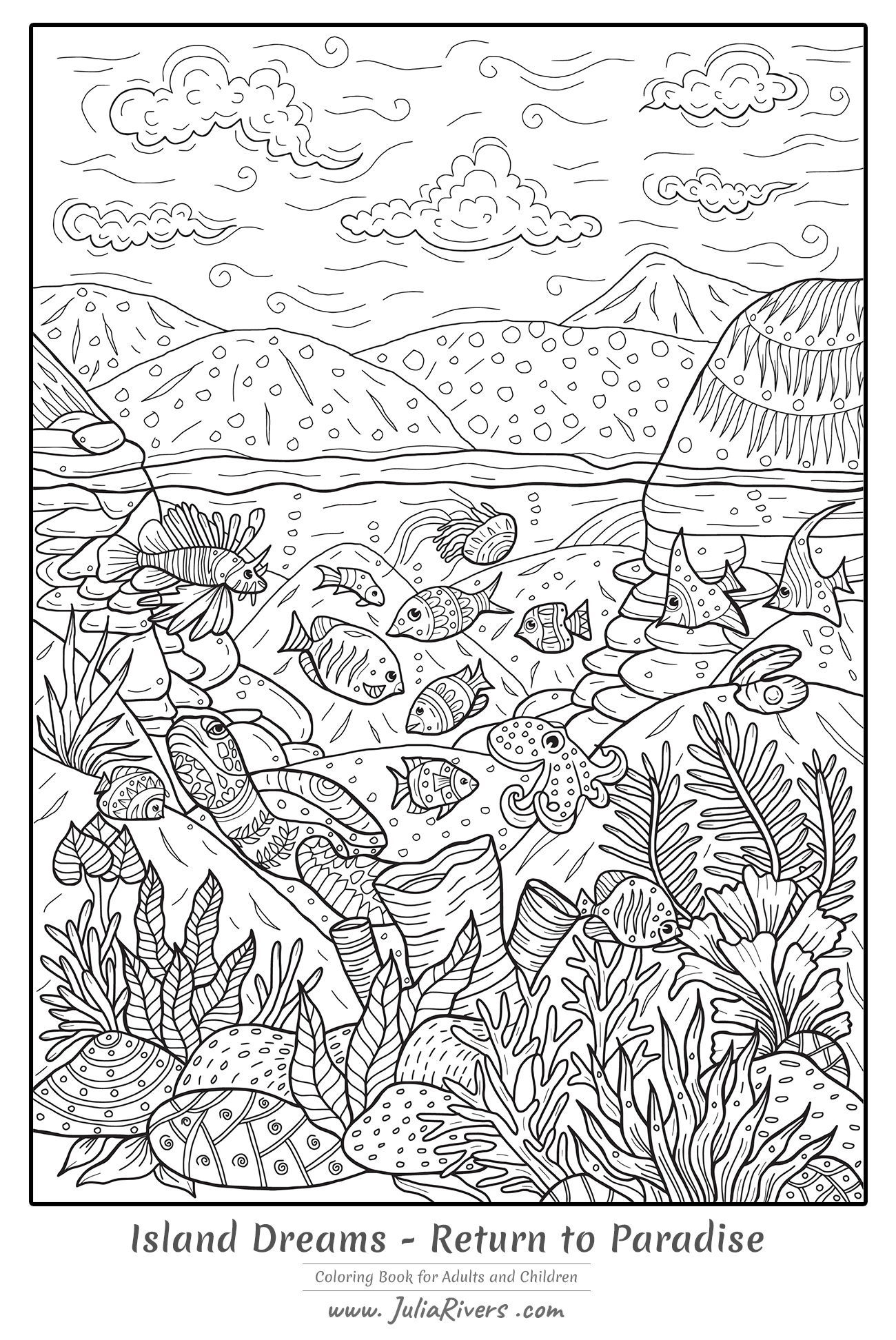 'Sonhos de ilha : Regresso ao Paraíso' : Página para colorir cheia de criaturas aquáticas e espécies vegetais ... e uma bela paisagem em fundo