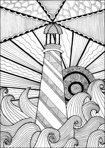 Página de Mundos da água para colorir e imprimir para adultos : Magnífico farol no meio de ondas furiosas