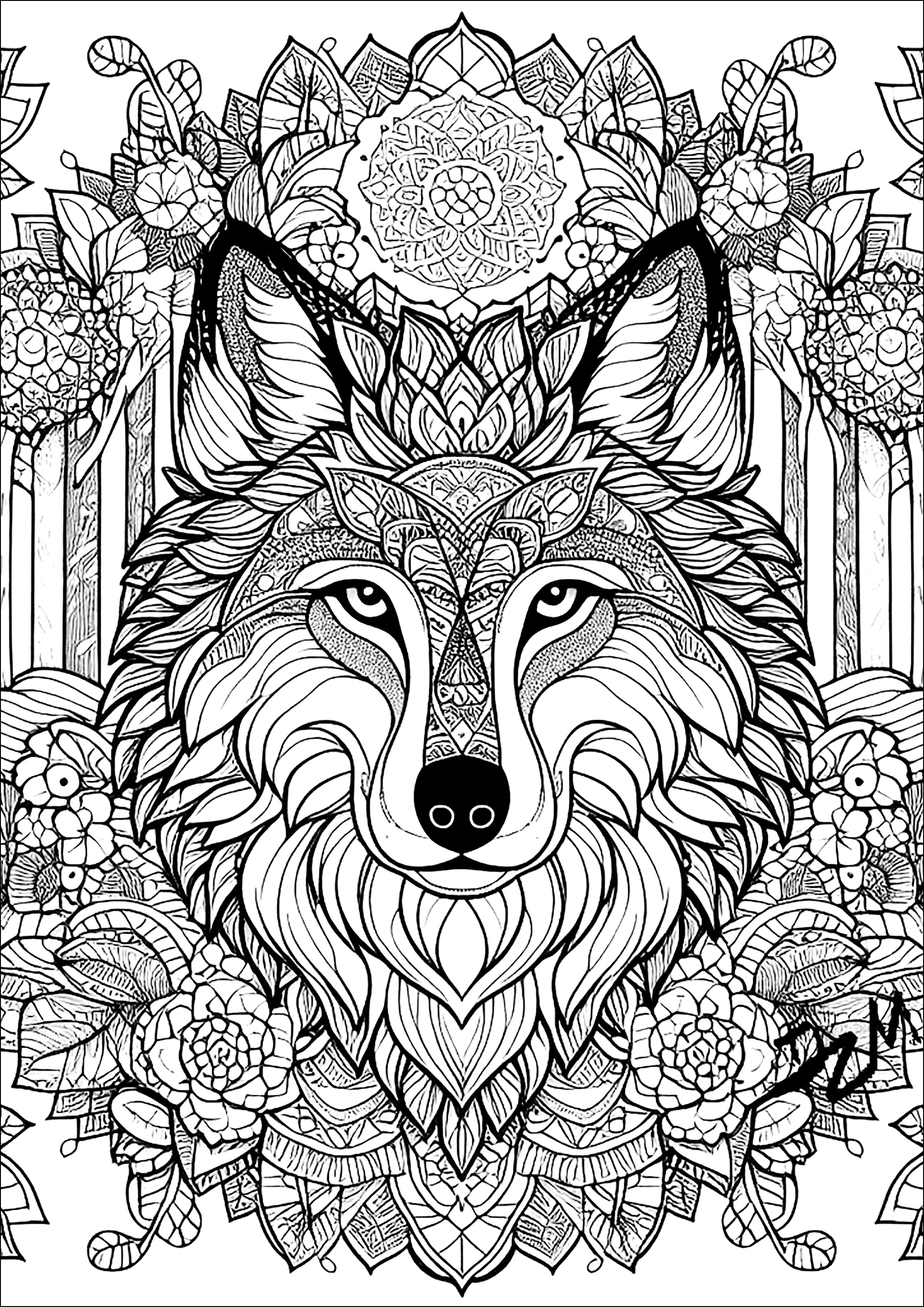 O lobo e as mandalas (Página para colorir e imprimir para adultos)