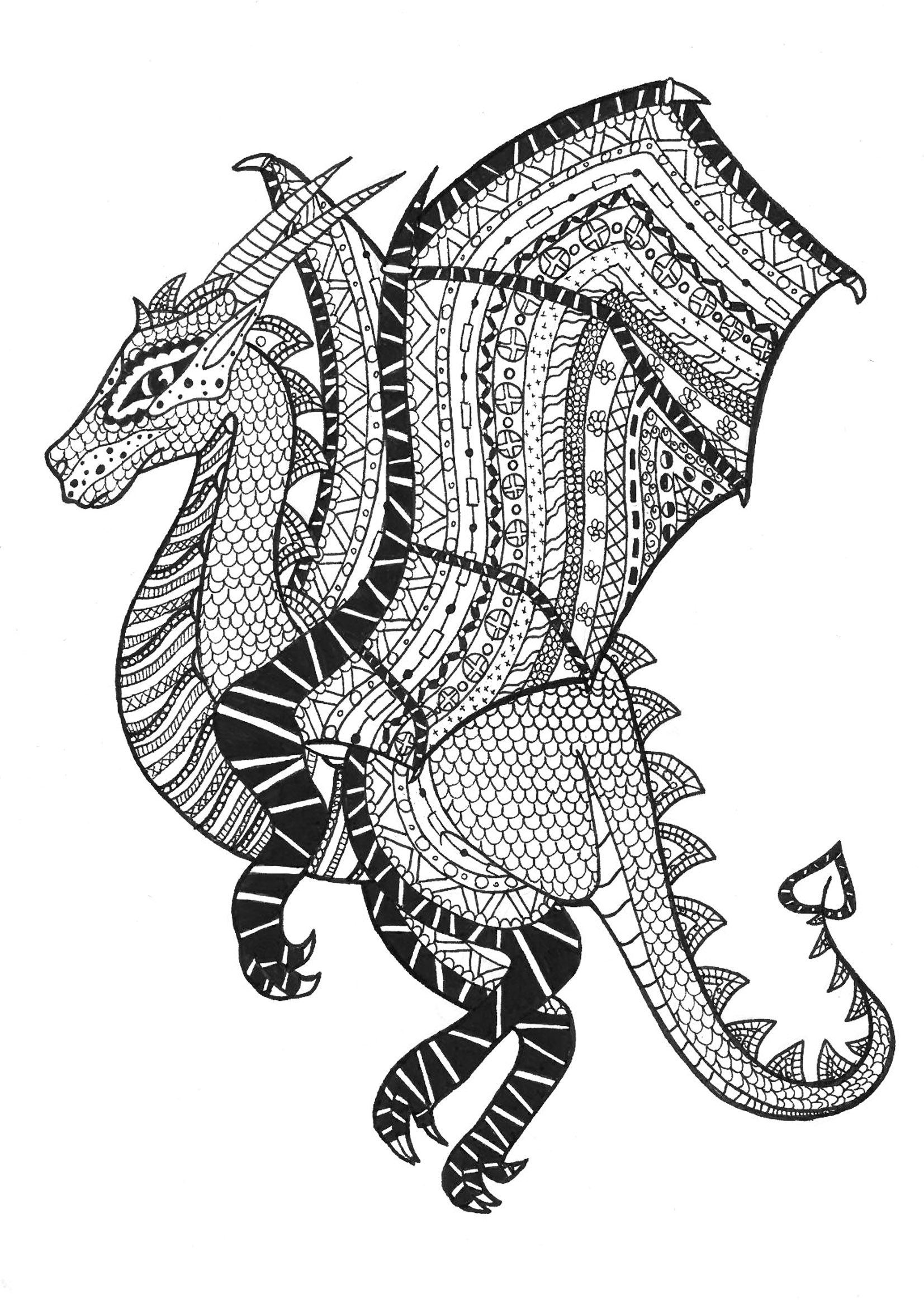 Dragão em estilo zentangle. Muitos padrões para colorir nas asas e no corpo deste dragão, Artista : Rachel