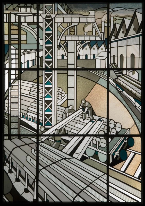 Jacques Grüber, circa 1930, Stained glass. Shipment of profiles by rail. Exhibition 1925-2025. One Hundred Years of Art Deco. Museum of Decorative Arts