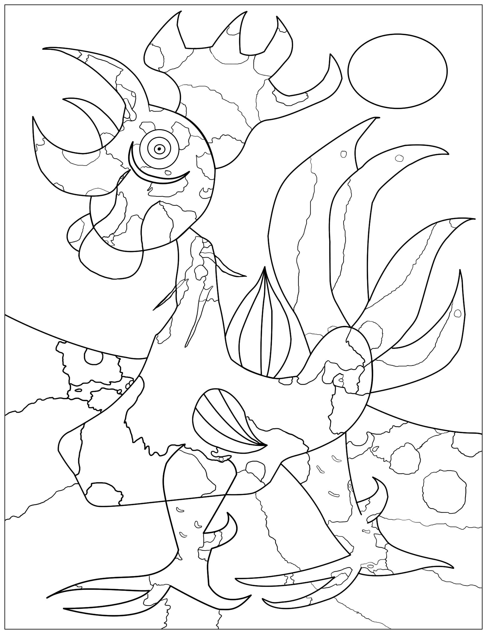 Coloring page inspired by a Joan Miró painting : Le coq (The rooster) (1940), Artist : Olivier