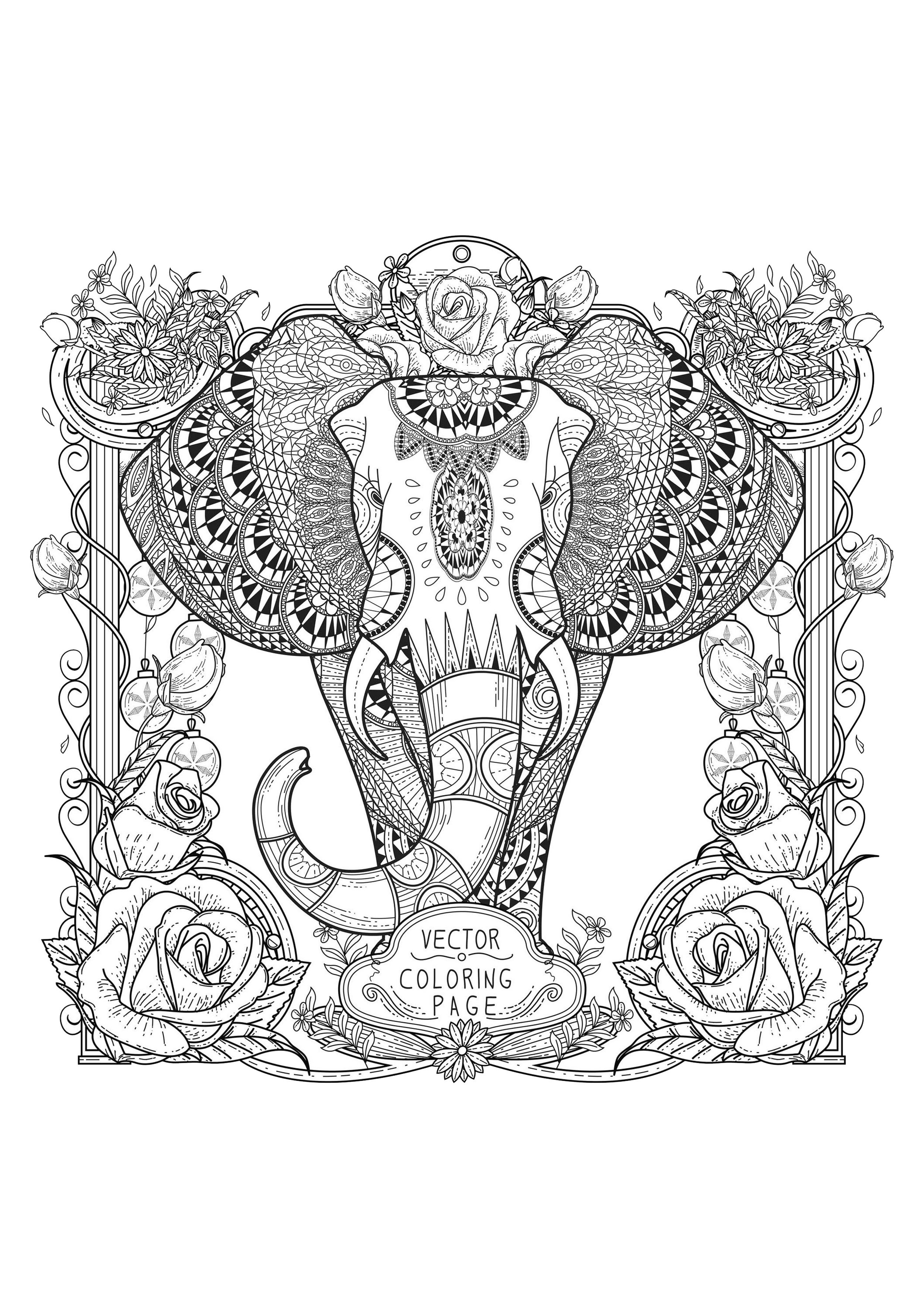 Huge Elephant and beautiful designs and complex illustrated border, Artist : Kchung