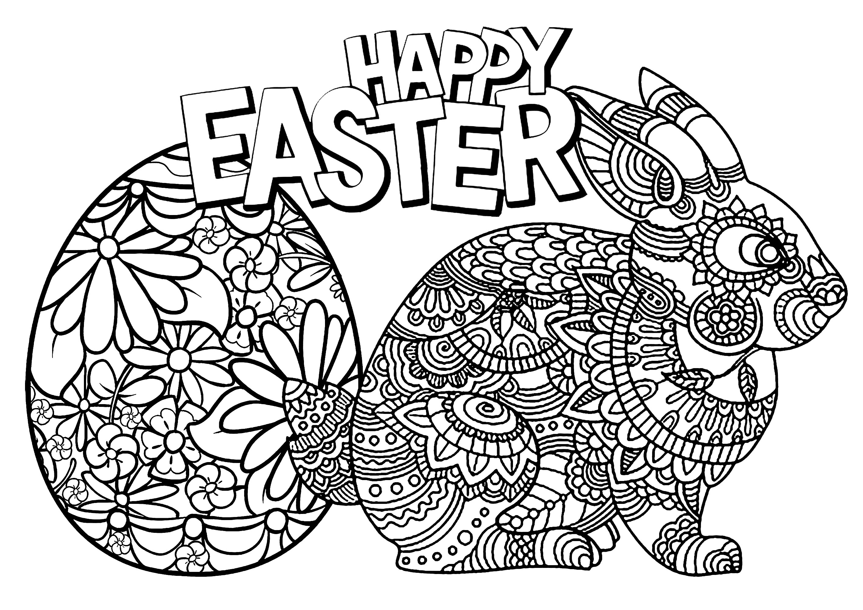 Easter egg and rabbit, with patterns, and text 'Happy Easter', Artist : Art. Isabelle