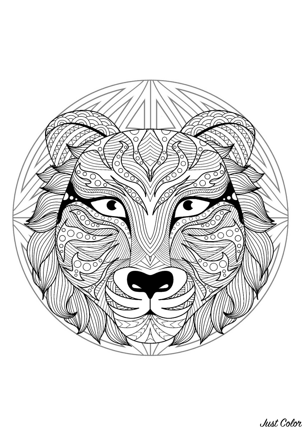 Mandala to color with very special Tiger head and simple patterns in background