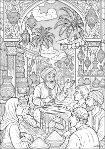 Coloring page : Oriental - 1. A merchant in traditional dress captivates his audience by telling a wonderful story in the heart of a bustling bazaar. Stalls abound with precious carpets, elaborate lanterns and fragrant spices under ornate arches and starry skies. The bazaar storyteller