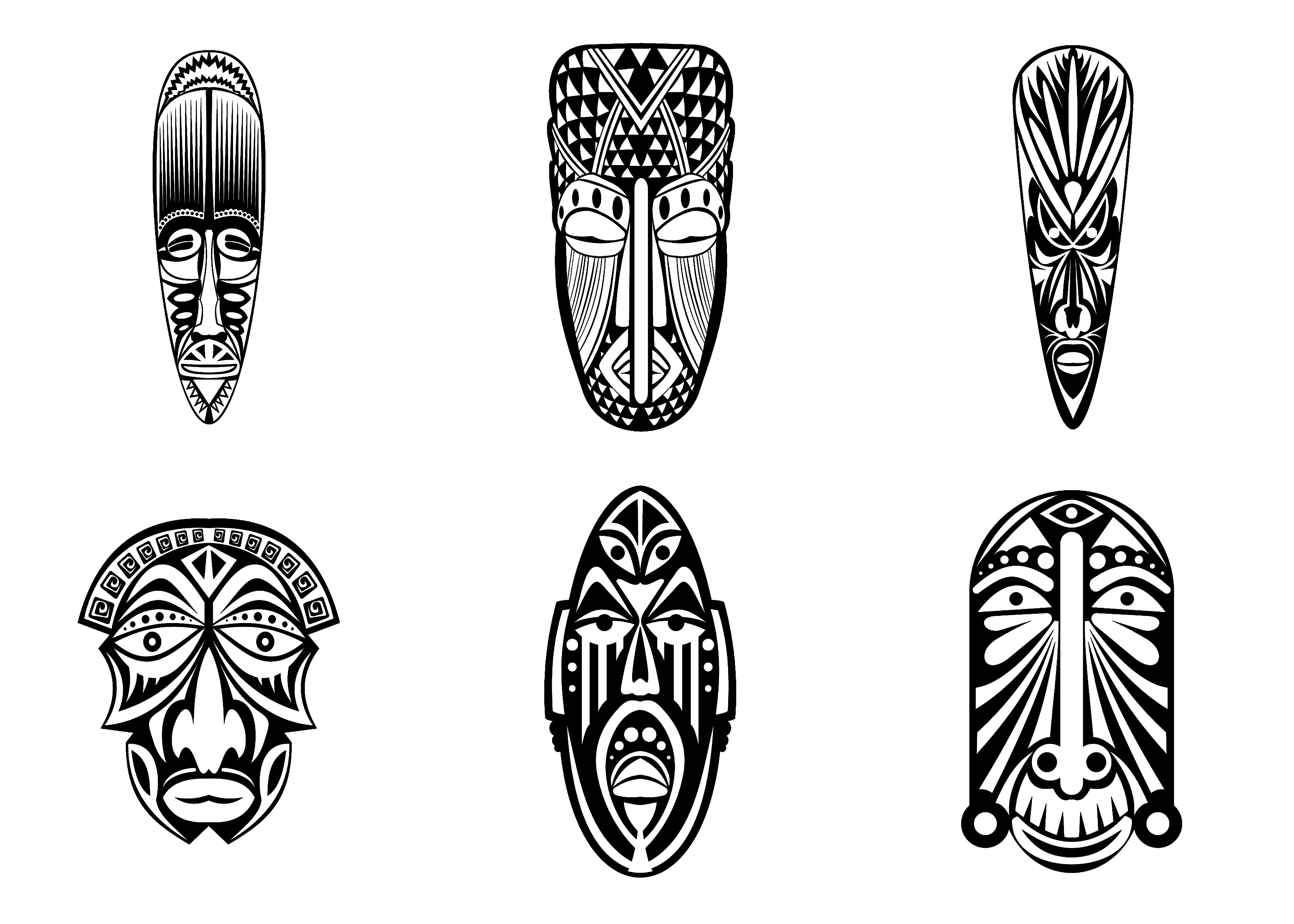 6 african masks simples (Printable Africa Coloring Page for adults)