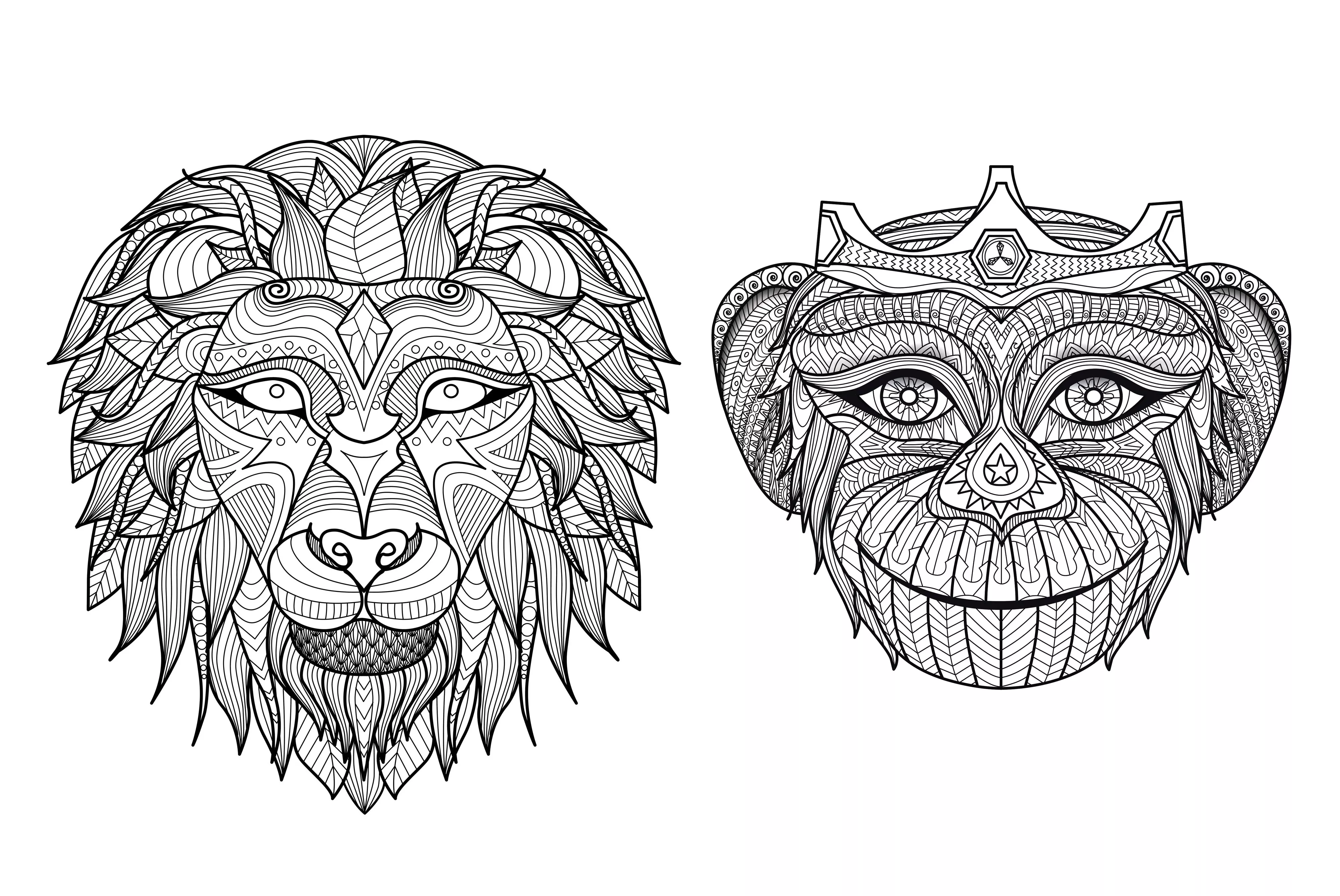 Africa heads monkey lion (Printable Coloring Page for adults)