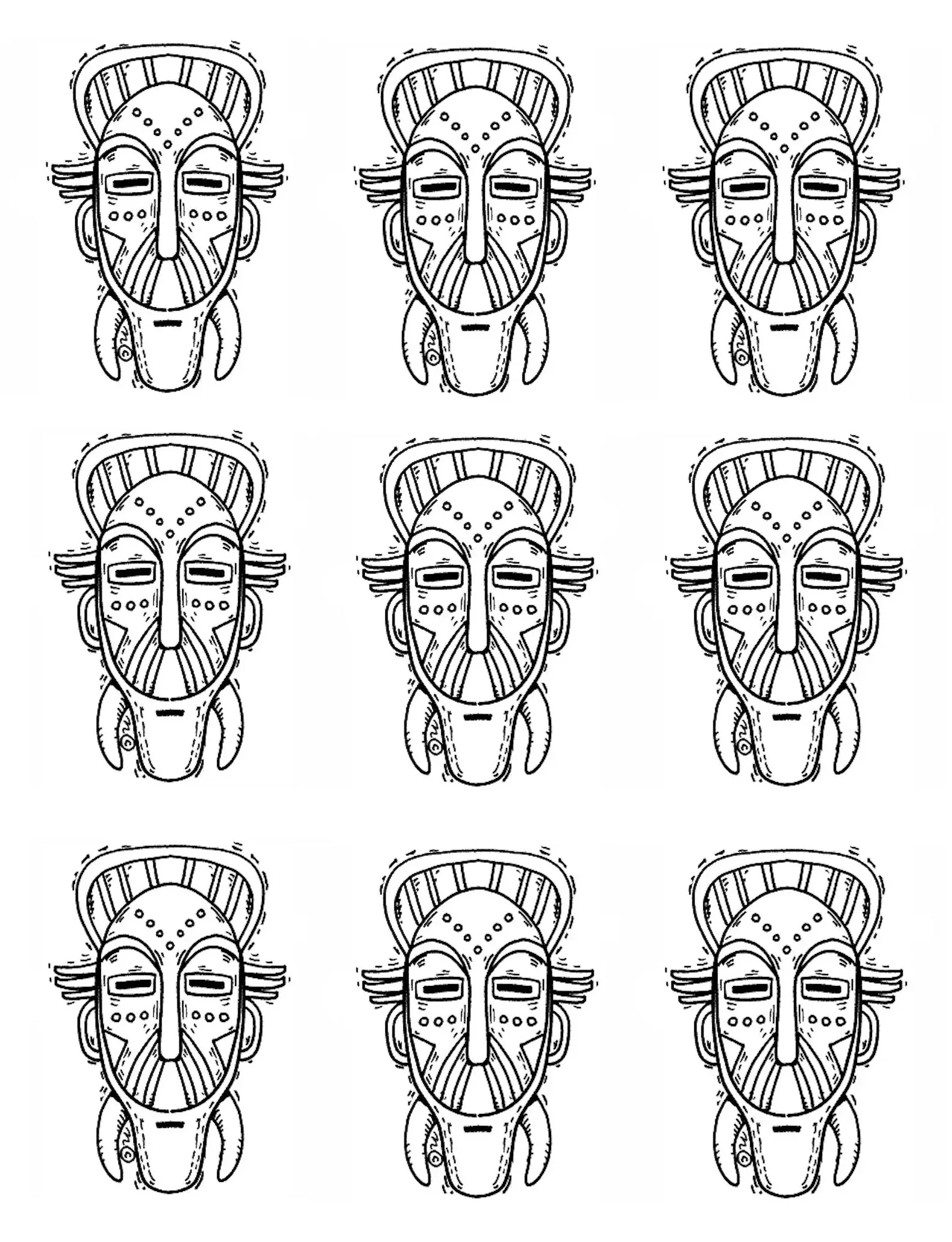 Africa masks identicals (Printable Coloring Page for adults)
