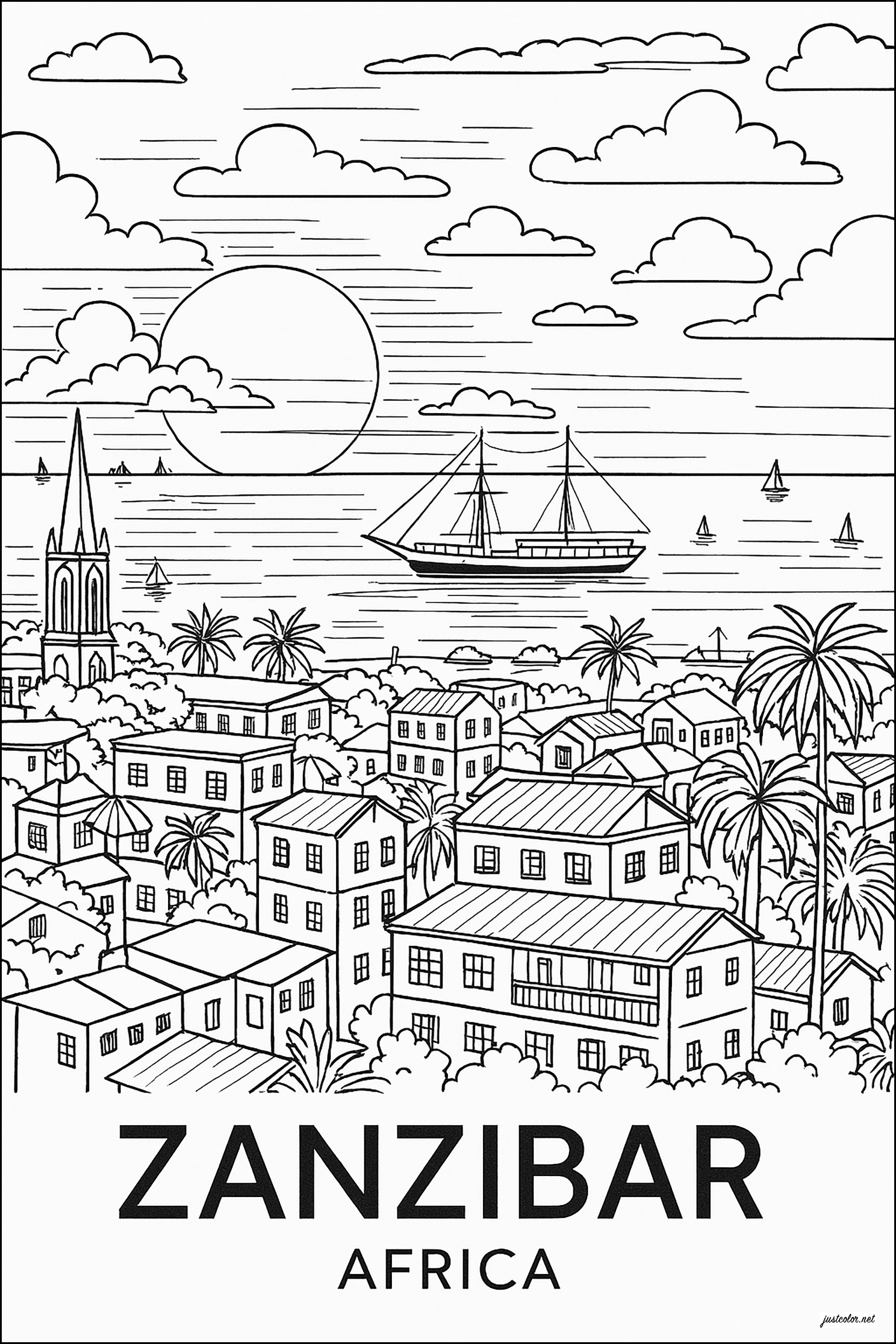 The port of Zanzibar (Printable Africa Coloring Page for adults)