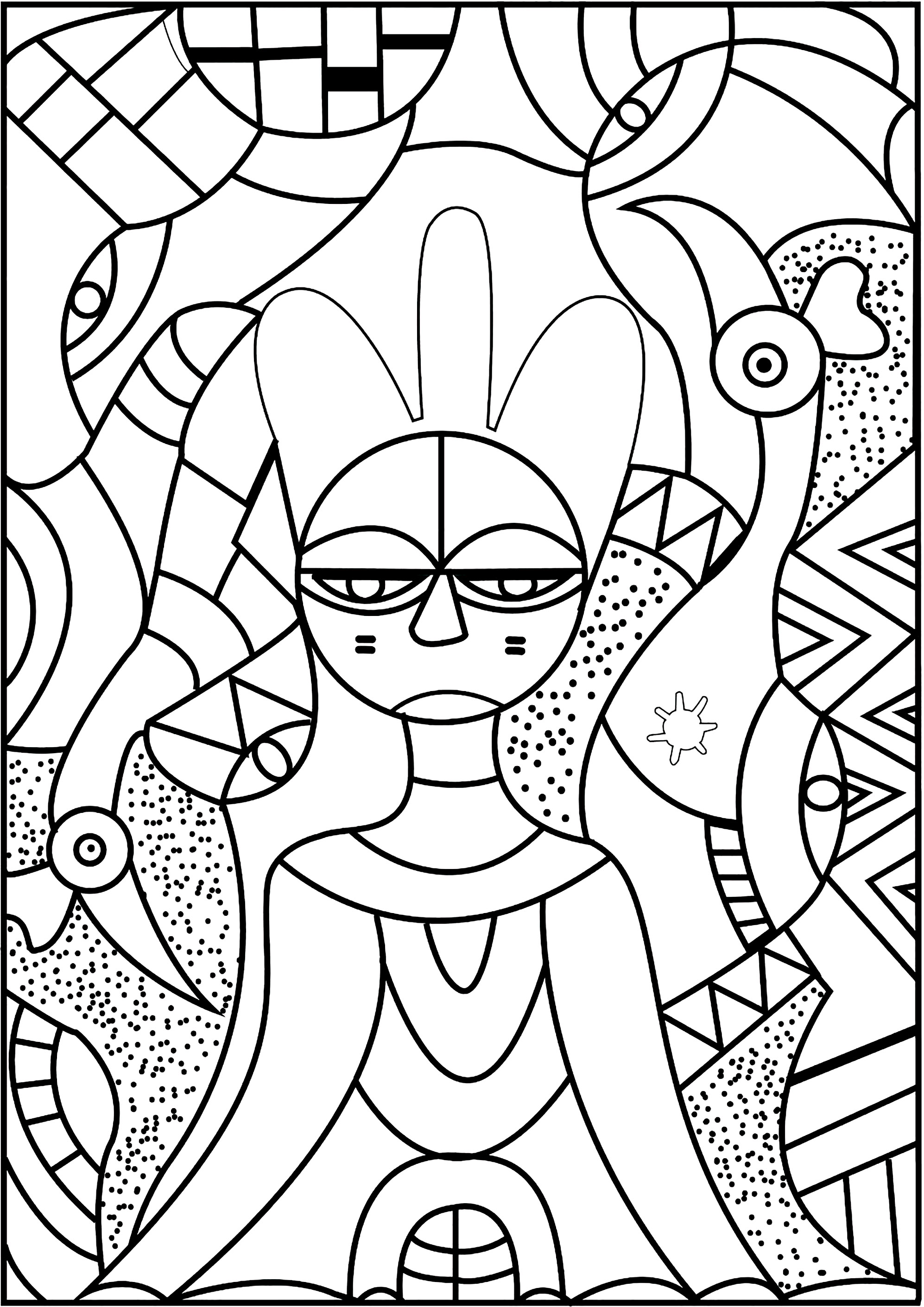 Coloring page freely inspired by the paintings of the African artist Serge Menandi