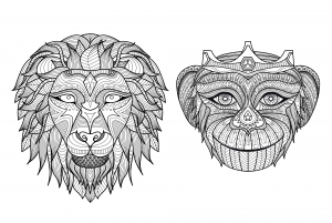 Coloring adult africa heads monkey lion