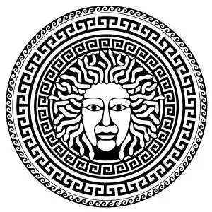 Medusa in the center of a circle of typical Greek motifs