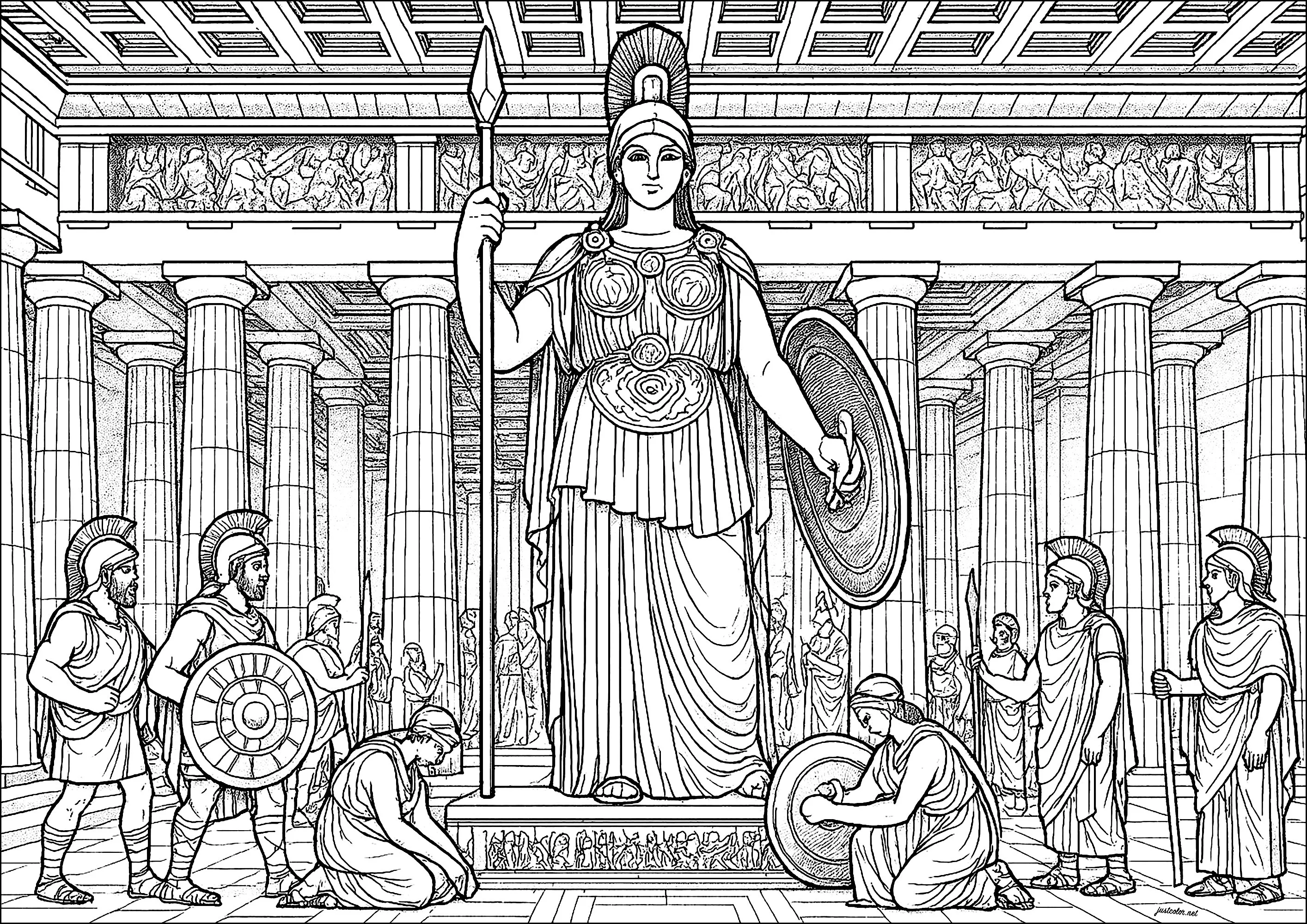 Statue of Atehena Parthenos, in the Parthenon (Printable Ancient Greece & Greek mythology Coloring Page for adults)