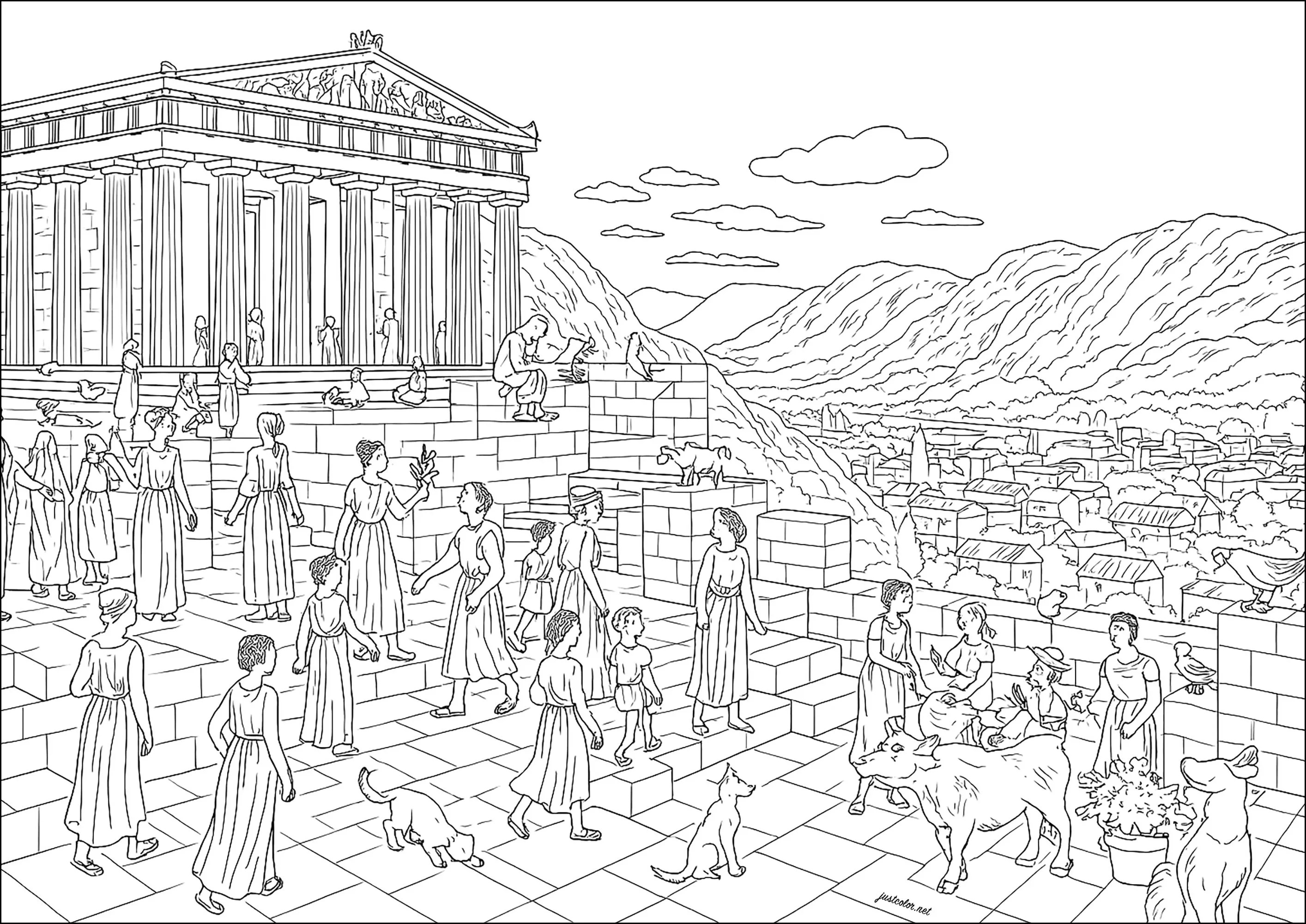 The Acropolis of Athens in ancient times (Printable Ancient Greece & Greek mythology Coloring Page for adults)