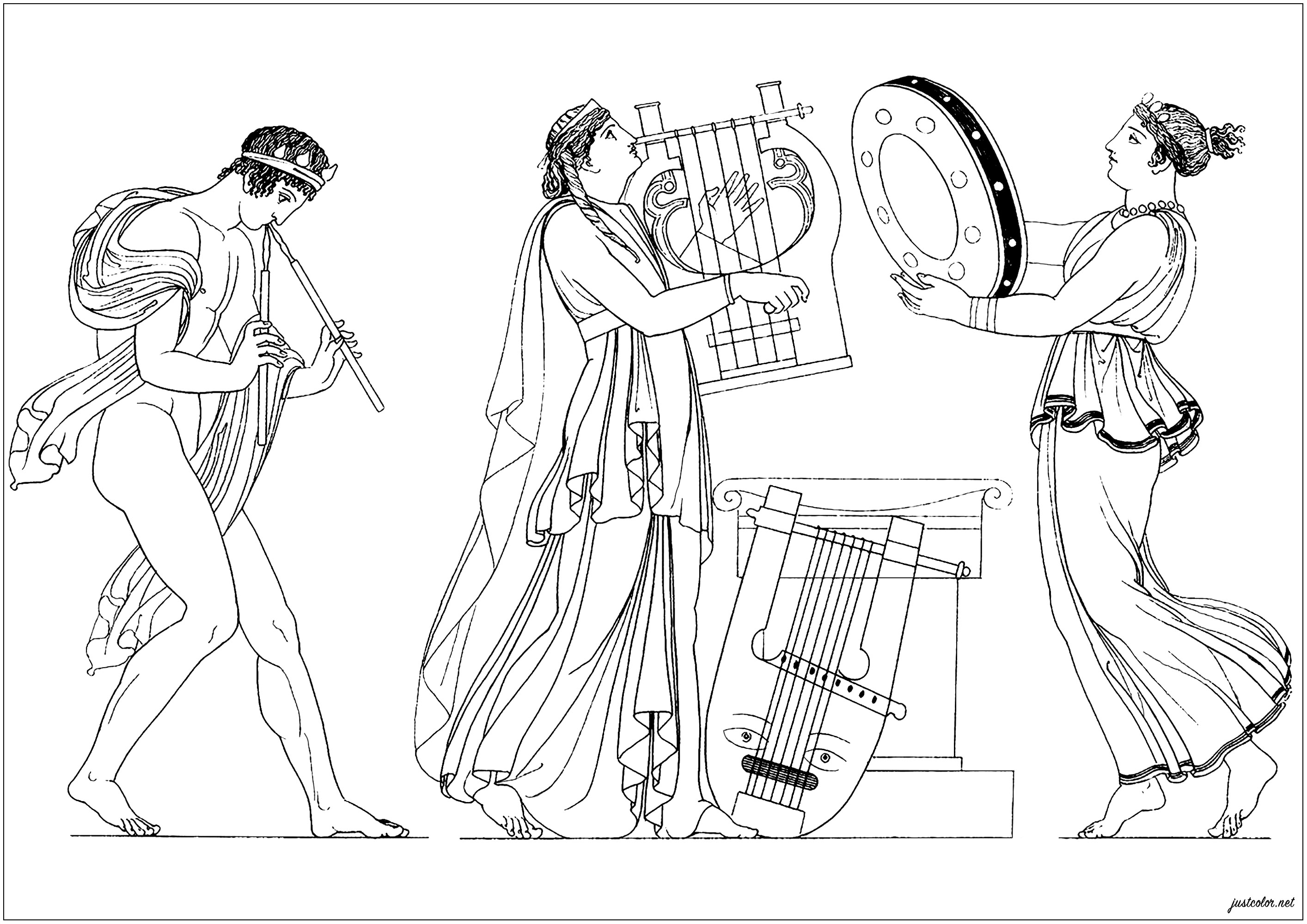 Greek musical performers.  Coloring page created from an illustration of the Egyptian, Grecian and Roman costumes by Thomas Baxter (1782–1821)