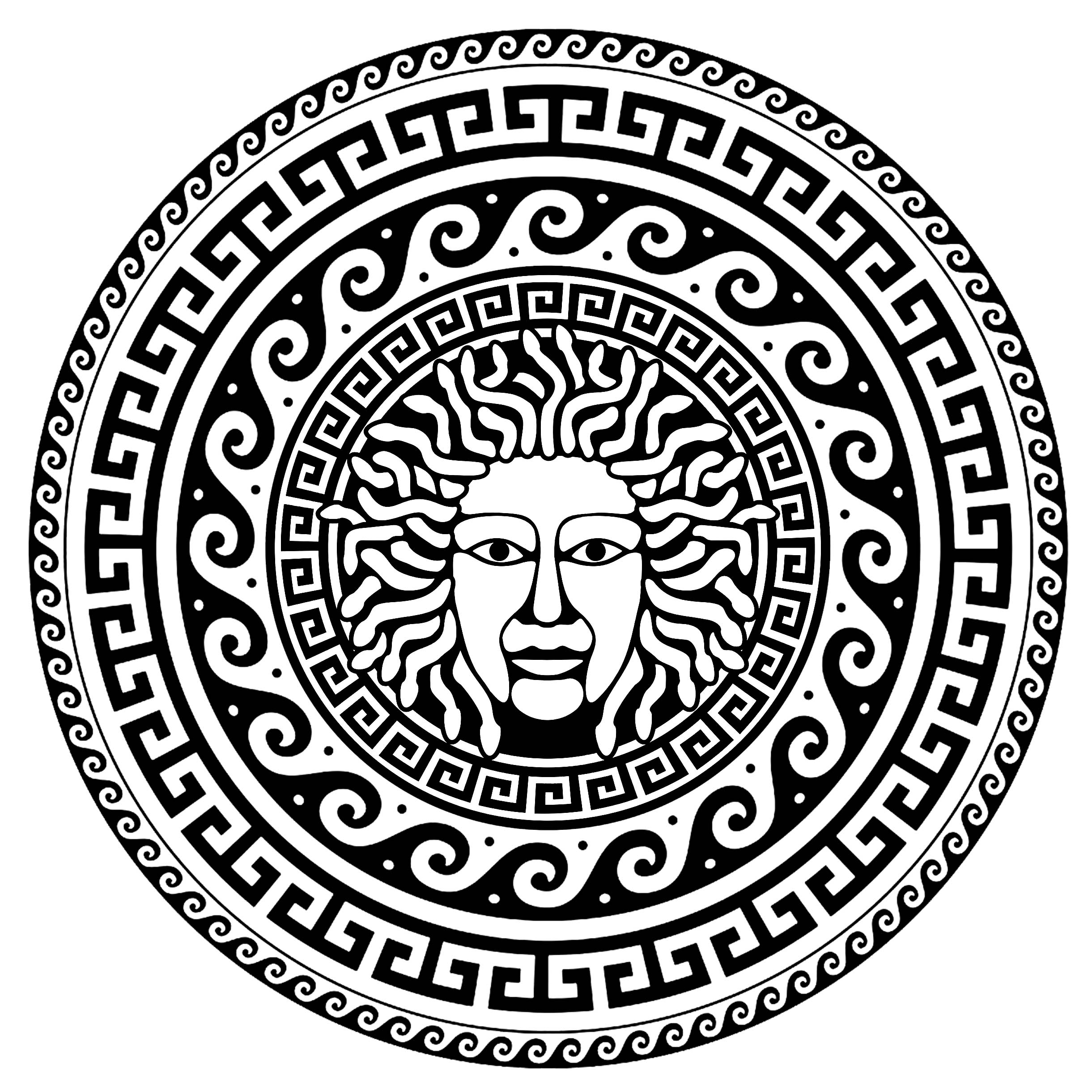 Medusa in the center of a circle of typical Greek motifs - 1. Before being transformed into a Gorgon by Athena, Medusa was a priestess of incomparable beauty.She is often depicted as a woman with snakes in her hair, a symbol of danger and seduction, Artist : Art. Isabelle