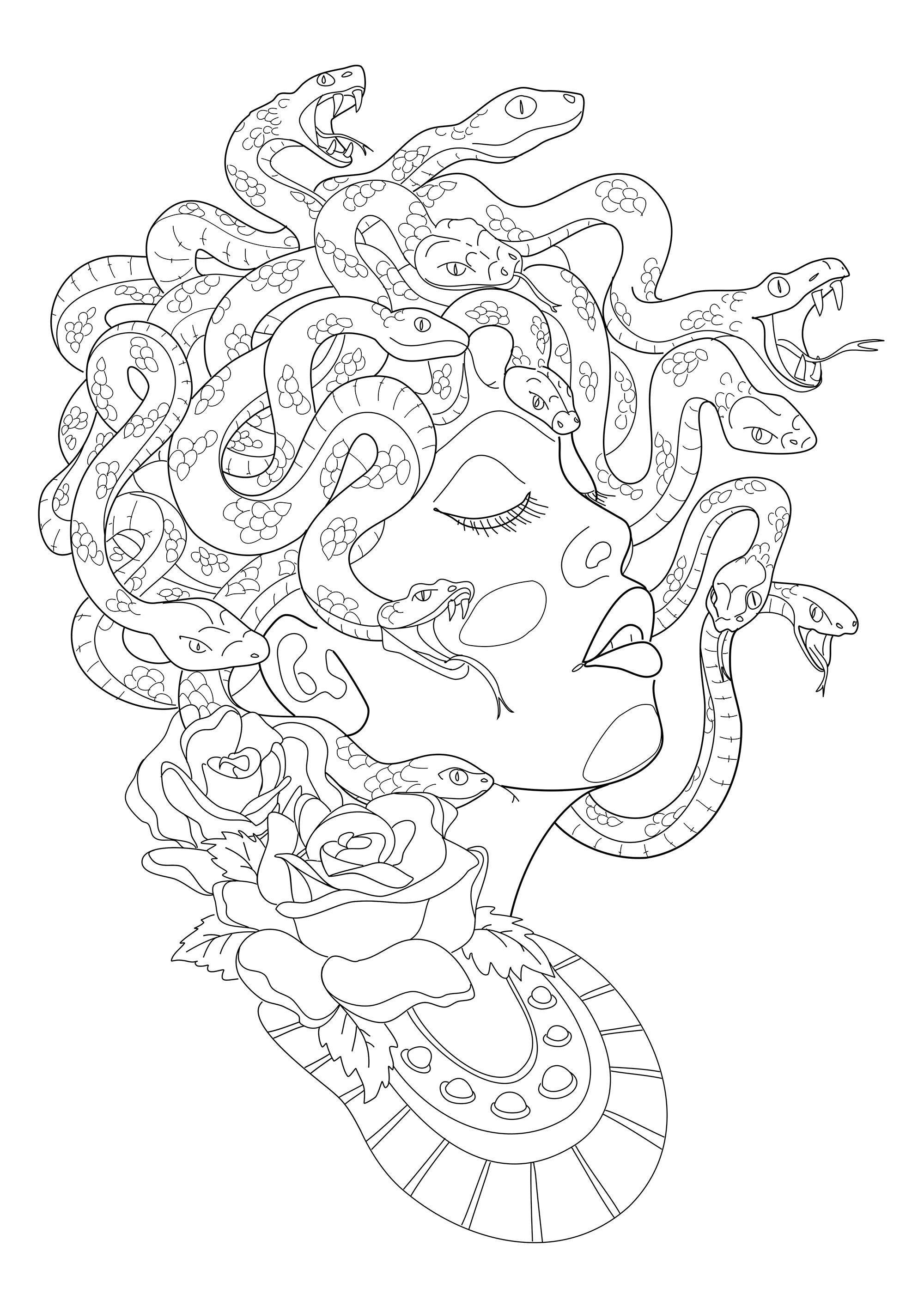 Medusa seen in profile, with her frightening snakes forming her hair. Excerpt from 'Realistic Tattoos Coloring Book' by Roberto 'Gi, Artist : Roberto Gemori